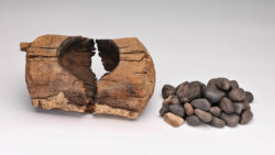 ancient wooden brazier and stones used to burn cannabis